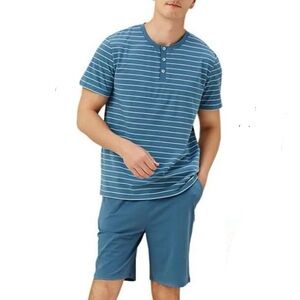 QUANXIU Pajama Set, Two-piece Short Sleeve, Men’s Medium, Blue White